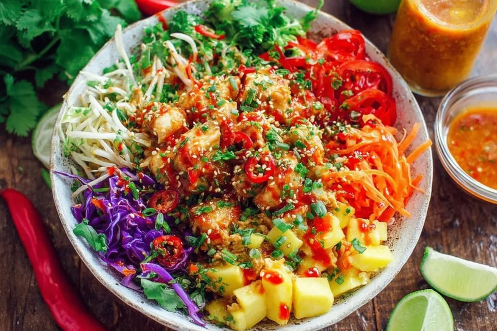Thai Sweet Chili Chicken Buddha Bowls loaded with quinoa, shredded chicken, bean sprouts, red cabbage, carrots, pineapple, cilantro, and sweet chili drizzle.