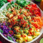 Thai Sweet Chili Chicken Buddha Bowls loaded with quinoa, shredded chicken, bean sprouts, red cabbage, carrots, pineapple, cilantro, and sweet chili drizzle.