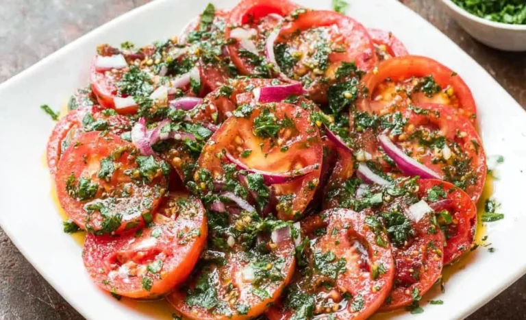 Marinated Tomatoes Salad with fresh herbs, red onion, and zesty vinaigrette on a white plate