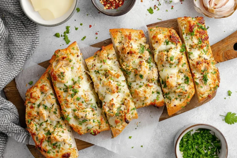Chicken Alfredo Garlic Bread sliced on a wooden board with melted mozzarella, creamy chicken, parsley, and red pepper flakes.