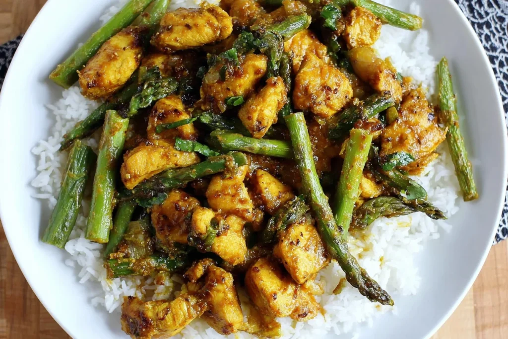 Turmeric Chicken with Asparagus served over fluffy white rice, featuring golden sautéed chicken bites and tender-crisp asparagus in a glossy honey-lime sauce.