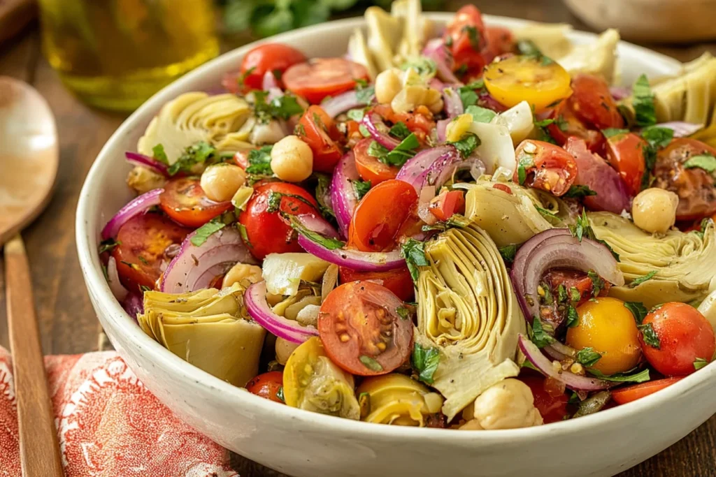 Artichoke Tomato Salad with marinated artichokes, cherry tomatoes, chickpeas, red onion, basil, and Tuscan vinaigrette in a white bowl.