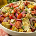 Artichoke Tomato Salad with marinated artichokes, cherry tomatoes, chickpeas, red onion, basil, and Tuscan vinaigrette in a white bowl.