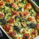 Tuscan Chicken Broccoli Bake in a casserole dish with golden, cheesy chicken and tender broccoli, fresh from the oven.