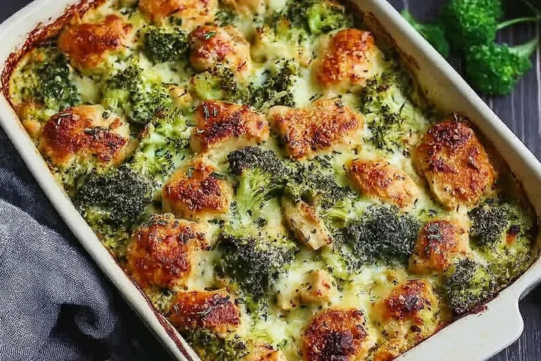 Tuscan Chicken Broccoli Bake in a casserole dish with golden, cheesy chicken and tender broccoli, fresh from the oven.