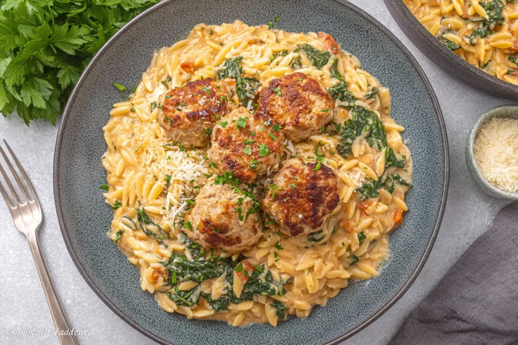 Tuscan Chicken Meatballs and Orzo served in a bowl with creamy parmesan orzo, spinach, sun-dried tomatoes, and browned chicken meatballs
