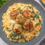 Tuscan Chicken Meatballs and Orzo served in a bowl with creamy parmesan orzo, spinach, sun-dried tomatoes, and browned chicken meatballs