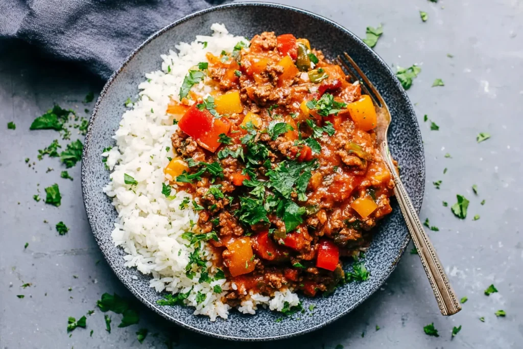 Unstuffed Peppers served over fluffy white rice, topped with fresh parsley, with colorful bell peppers and seasoned ground turkey in a rich tomato sauce.