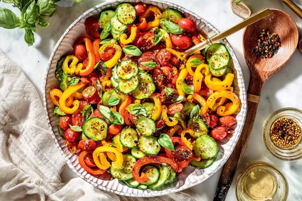 Viral TikTok Cucumber and Bell Pepper Salad with sliced cucumbers, sweet bell peppers, cherry tomatoes, fresh basil, and chili oil in a large serving bowl