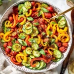 Viral TikTok Cucumber and Bell Pepper Salad with sliced cucumbers, sweet bell peppers, cherry tomatoes, fresh basil, and chili oil in a large serving bowl