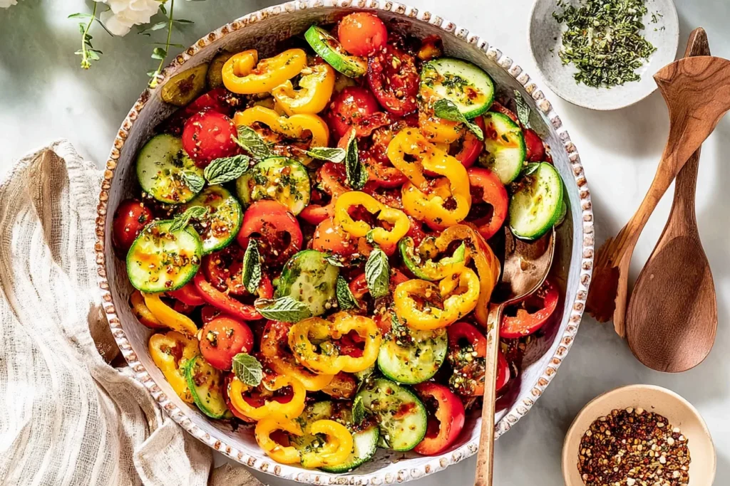 Viral TikTok Cucumber and Bell Pepper Salad with mini cucumbers, sweet bell peppers, cherry tomatoes, chili oil, and sesame dressing in a serving bowl