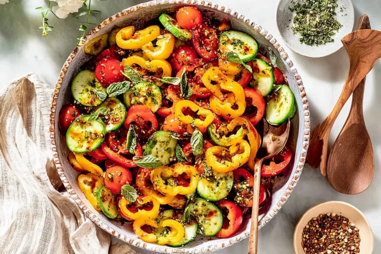 Viral TikTok Cucumber and Bell Pepper Salad with mini cucumbers, sweet bell peppers, cherry tomatoes, chili oil, and sesame dressing in a serving bowl