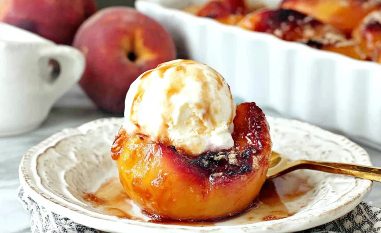 Cinnamon Sugar Baked Peaches topped with vanilla ice cream, baked until golden and syrupy on a rustic dessert plate.