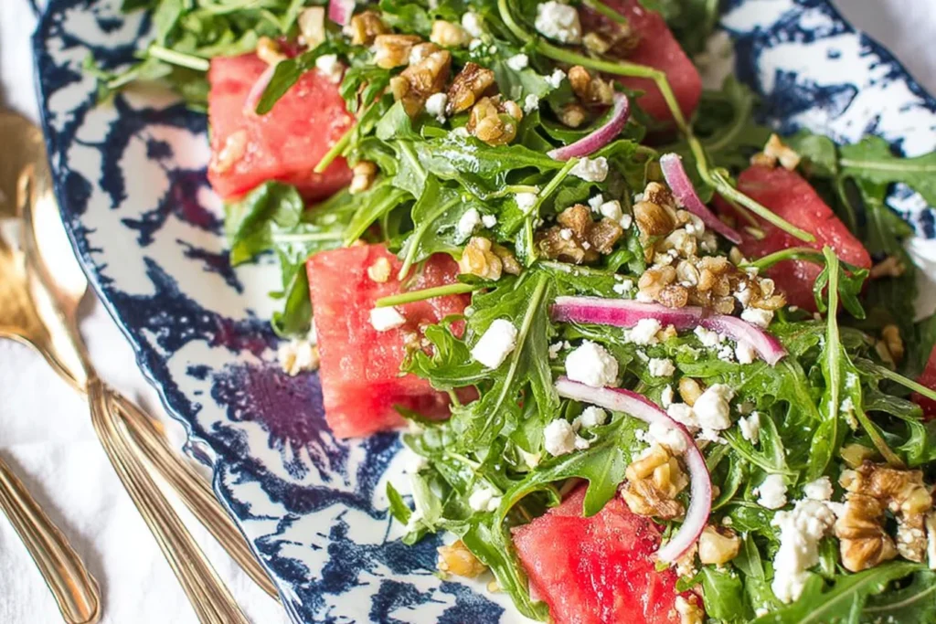 Watermelon Arugula Salad with feta, toasted walnuts, and red onion served on a blue-and-white plate