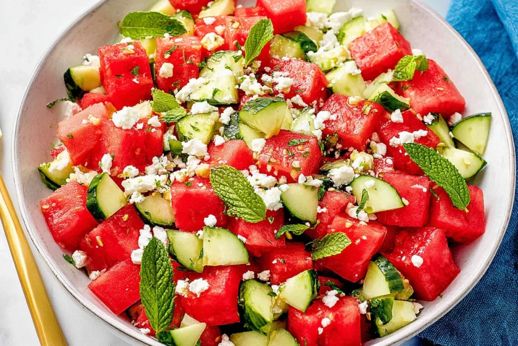 Watermelon Cucumber Feta Salad with juicy watermelon cubes, crunchy cucumber slices, mint leaves, and crumbled feta in a serving bowl