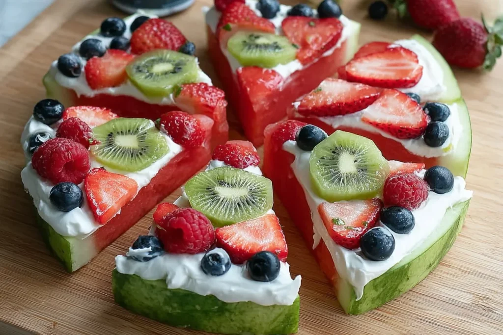 Watermelon Pizza slices topped with creamy yogurt, strawberries, blueberries, raspberries, and kiwi on a wooden board
