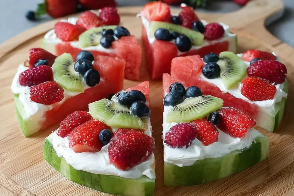 Watermelon Pizza slices with creamy yogurt, strawberries, blueberries, raspberries, and kiwi served on a wooden cutting board
