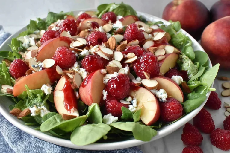 White Peach Raspberry Almond Salad with spring greens, sliced white peaches, fresh raspberries, feta, and crunchy almonds in a white bowl.
