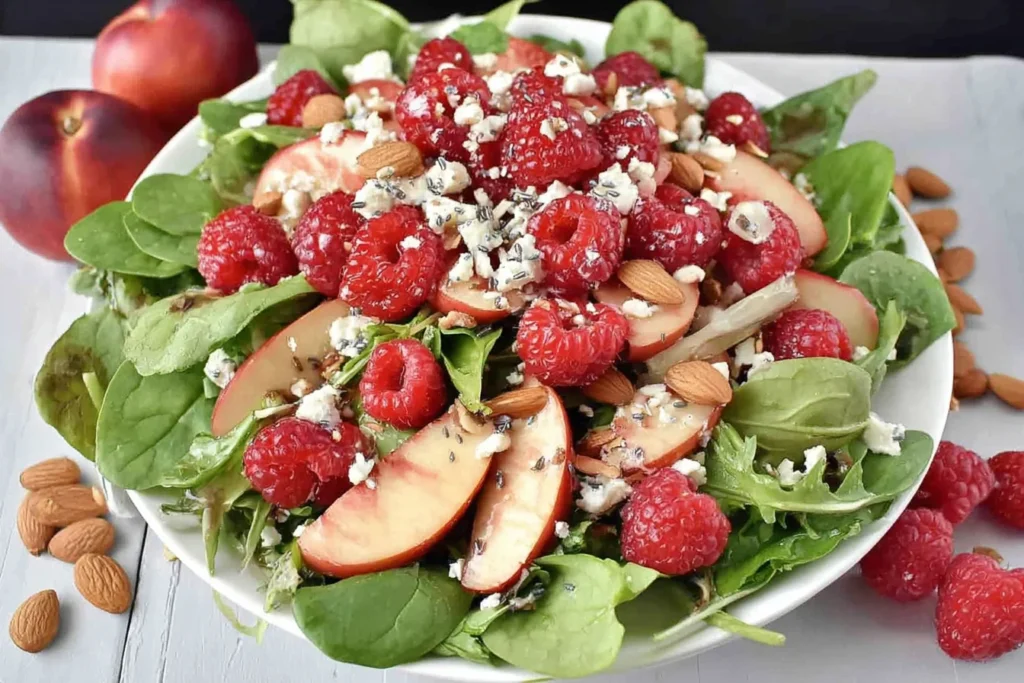 White Peach Raspberry Almond Salad piled high with spinach, sliced white peaches, fresh raspberries, crumbled feta, and almonds in a white bowl.