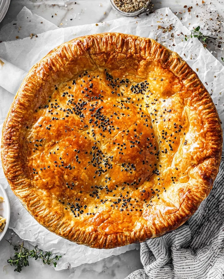 Whole Steak and Onion Meat pie with glossy golden puff pastry and black sesame seeds, fresh from the oven on parchment paper.