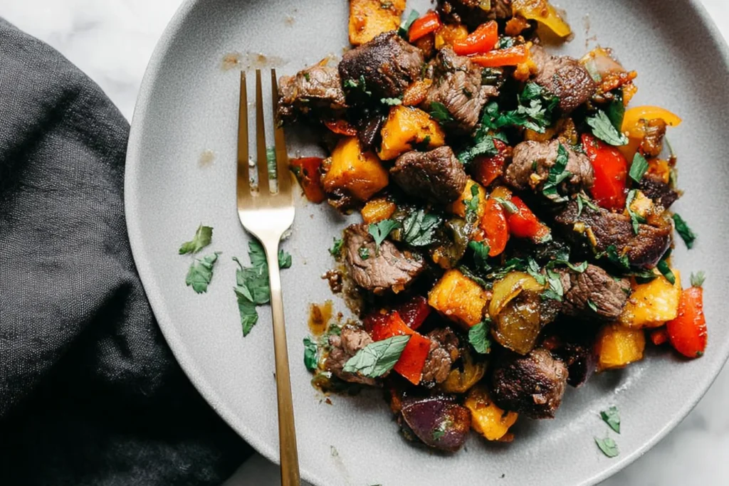 Whole30 steak bites with sweet potatoes and peppers on a gray plate, topped with fresh cilantro.