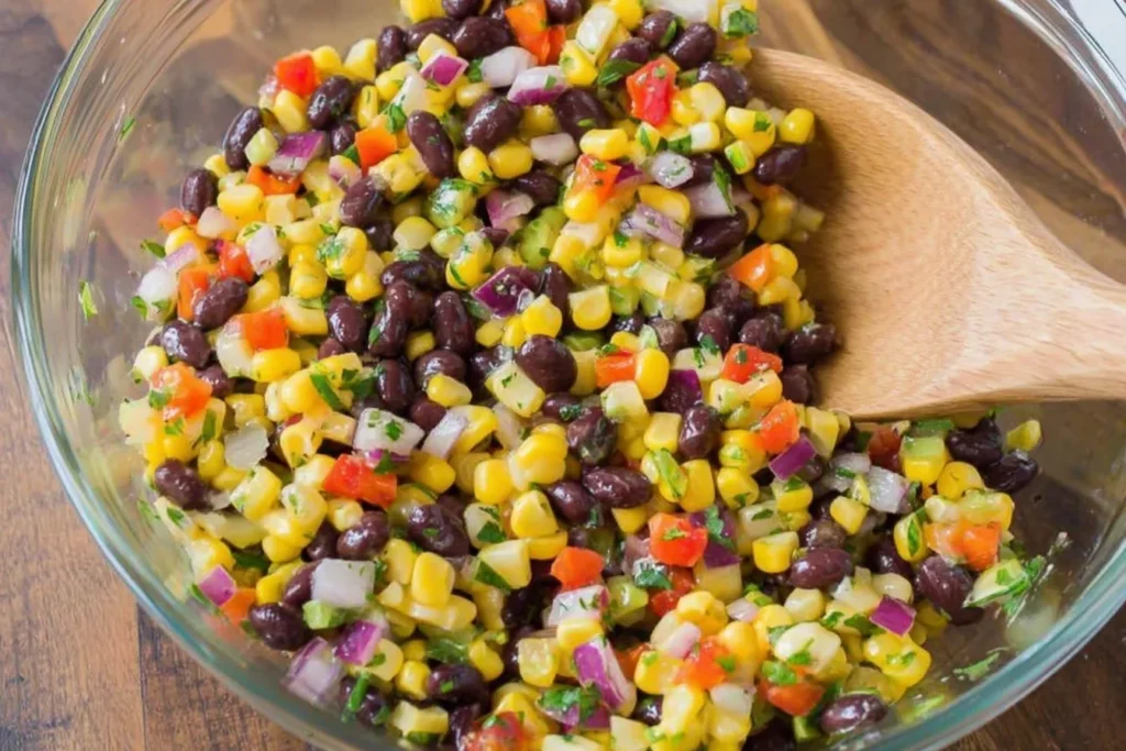 Corn and Black Bean Salad with Mexican Vinaigrette in a glass bowl with bell peppers, red onion, and cilantro, ready to serve.