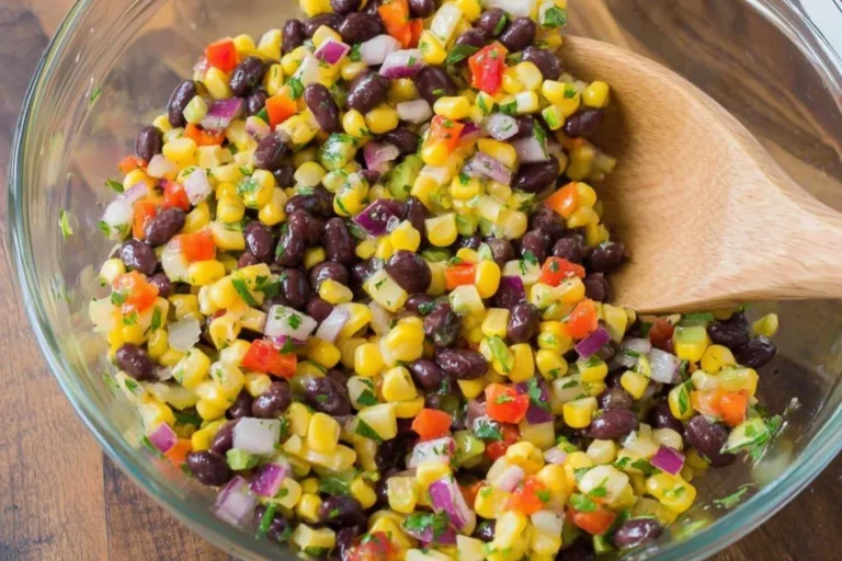Corn and Black Bean Salad with Mexican Vinaigrette in a glass bowl with bell peppers, red onion, and cilantro, ready to serve.