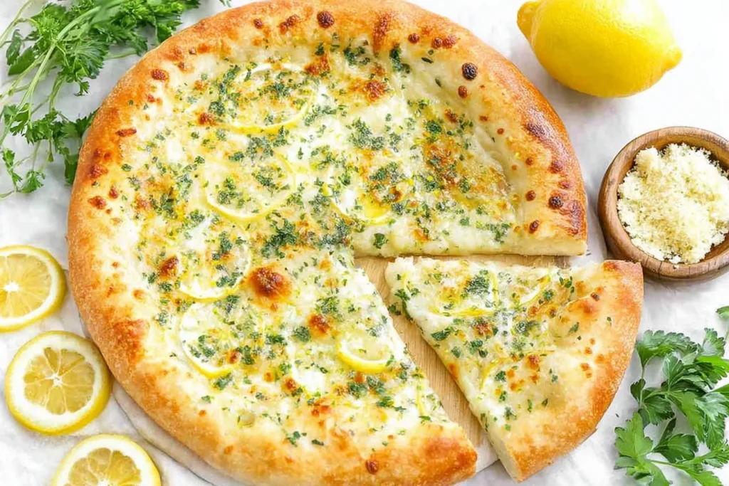 Lemon Pizza with mozzarella, lemon slices, parsley, and parmesan on a golden crust—fresh white pizza perfect for summer.