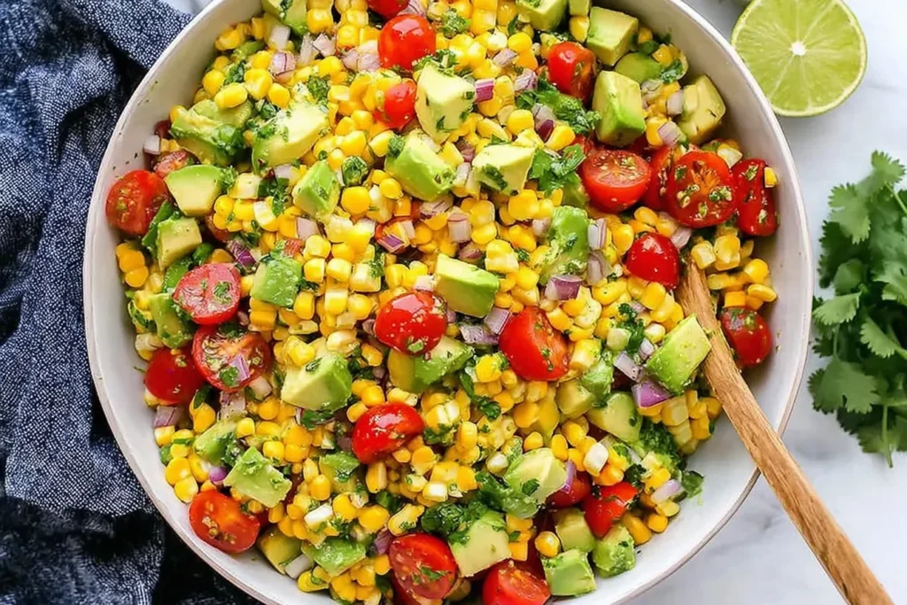 Summer Corn Salad with Avocado in a large bowl with cherry tomatoes, red onion, cilantro, and fresh lime wedges on the side.