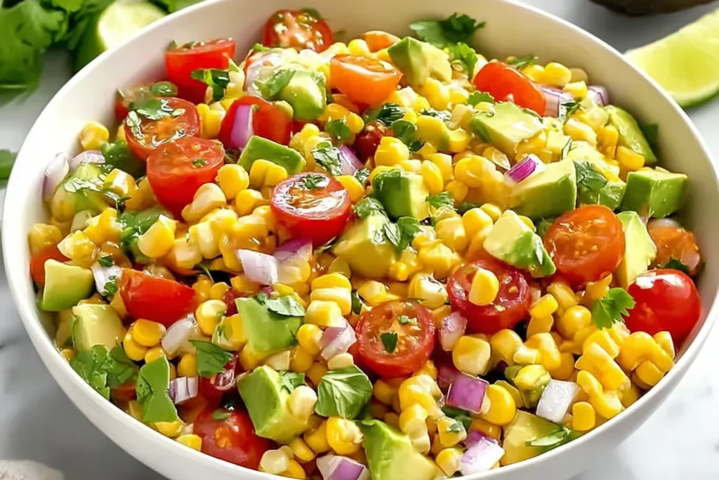 Summer Corn Salad with Avocado in a white bowl with cherry tomatoes, red onion, cilantro, and fresh lime.