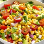 Summer Corn Salad with Avocado in a white bowl with cherry tomatoes, red onion, cilantro, and fresh lime.