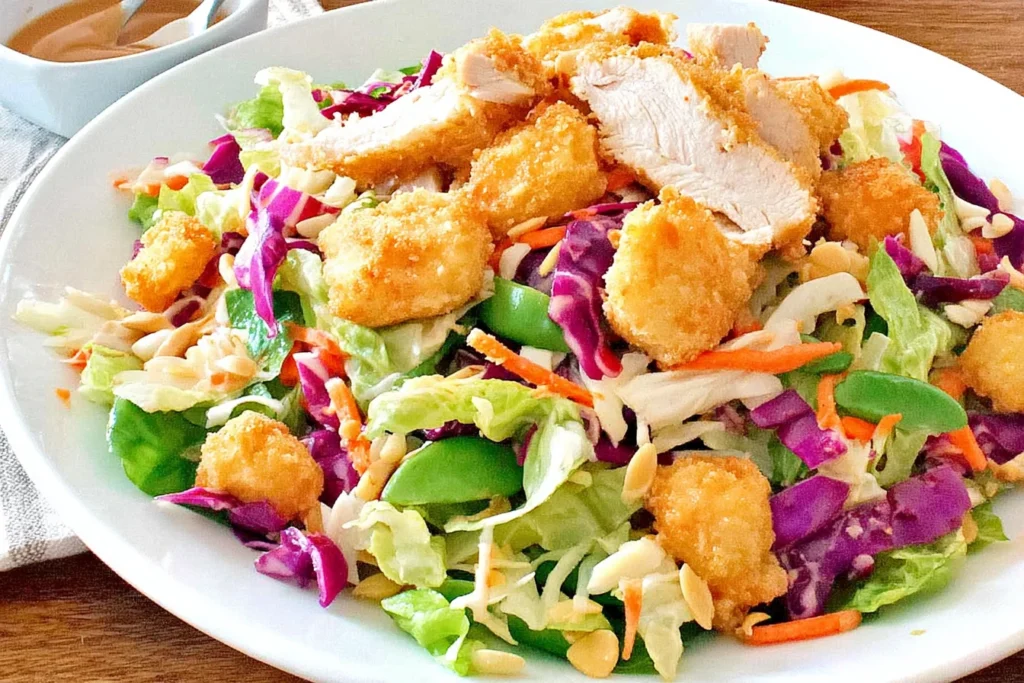 Applebee’s Oriental Chicken Salad topped with crispy breaded chicken, romaine, red and Napa cabbage, shredded carrots, and sliced almonds with dressing on the side.