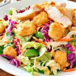 Applebee’s Oriental Chicken Salad topped with crispy breaded chicken, romaine, red and Napa cabbage, shredded carrots, and sliced almonds with dressing on the side.