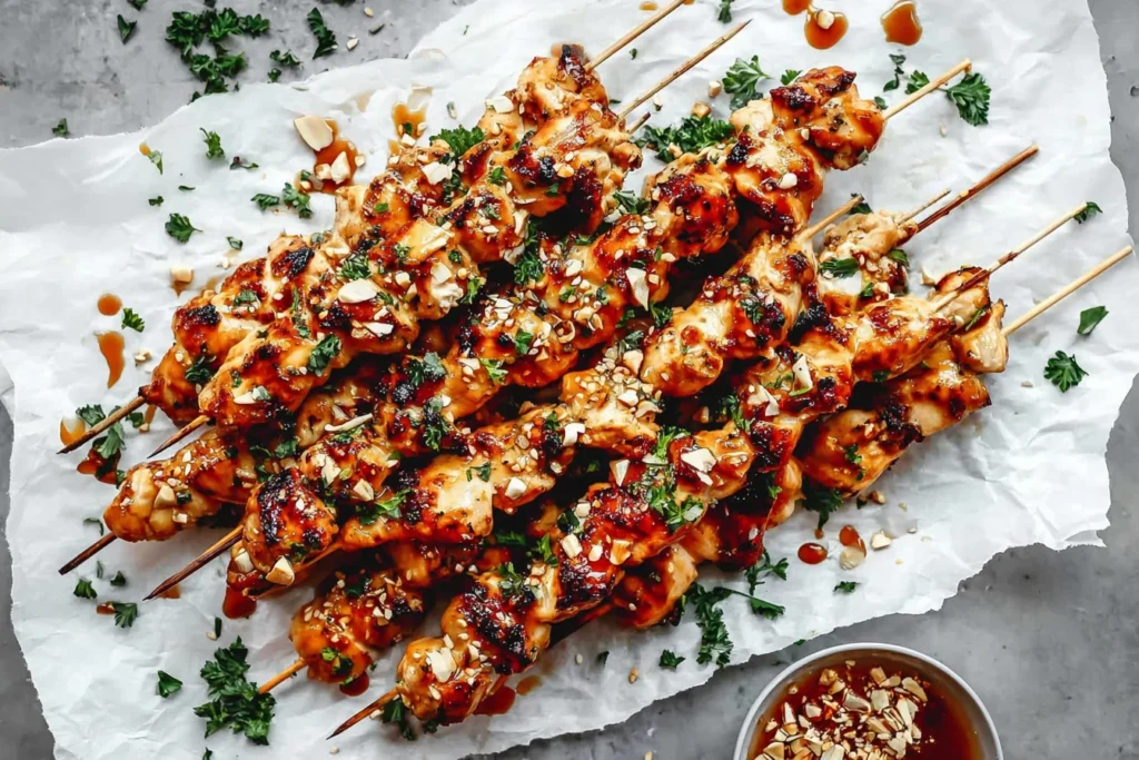 Overhead photo of Asian chicken skewers glazed in sticky honey garlic sauce, topped with sesame and herbs on parchment with extra dipping sauce.
