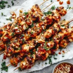 Overhead photo of Asian chicken skewers glazed in sticky honey garlic sauce, topped with sesame and herbs on parchment with extra dipping sauce.