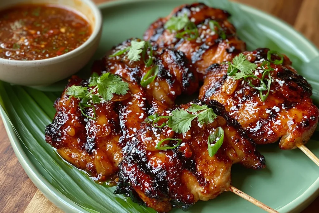 Filipino Chicken Barbecue skewers coated in a sticky sweet and savory glaze, grilled with smoky char marks and garnished with green onions and cilantro.