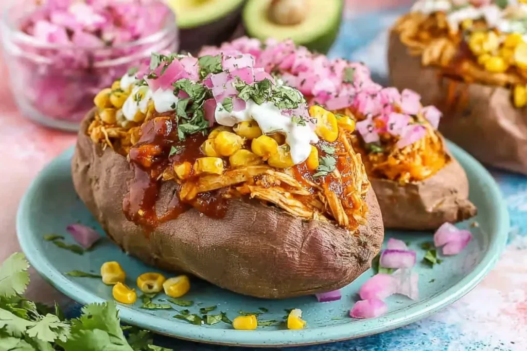 BBQ Chicken Stuffed Sweet Potatoes loaded with shredded BBQ chicken, sweet corn, pickled red onions, cilantro, and a drizzle of creamy sauce on a blue plate.