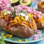 BBQ Chicken Stuffed Sweet Potatoes loaded with shredded BBQ chicken, sweet corn, pickled red onions, cilantro, and a drizzle of creamy sauce on a blue plate.