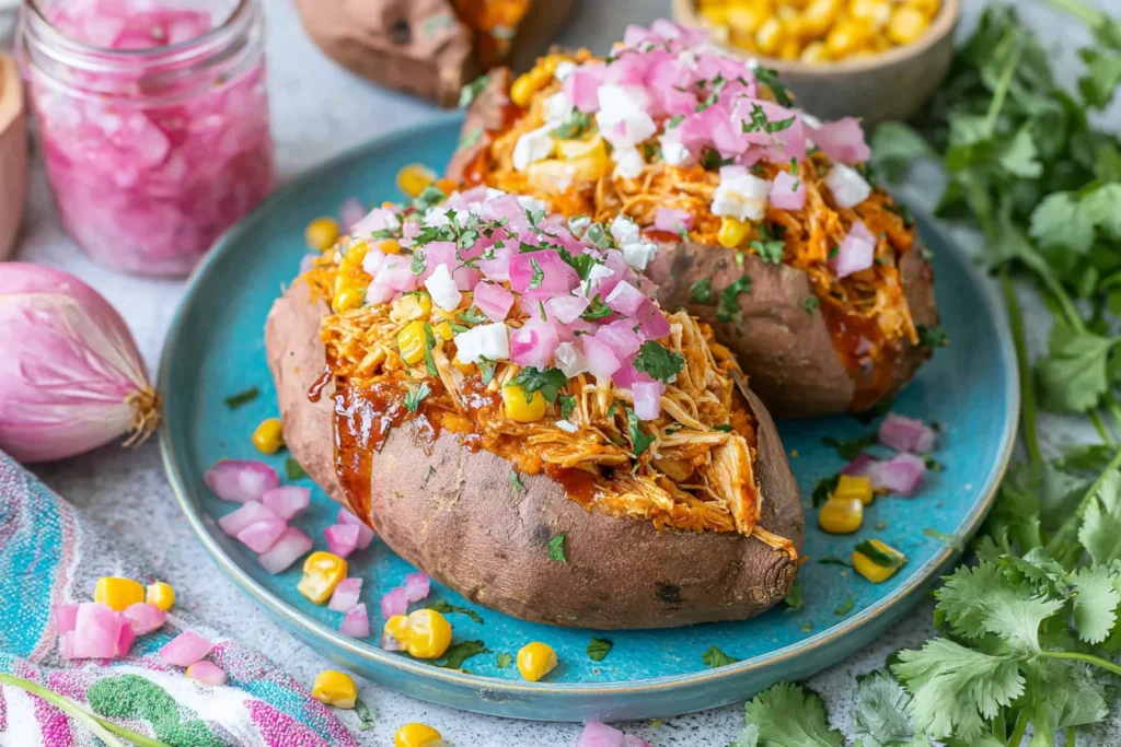 BBQ Chicken Stuffed Sweet Potatoes topped with shredded BBQ chicken, pickled red onions, sweet corn, and fresh cilantro on a blue plate.