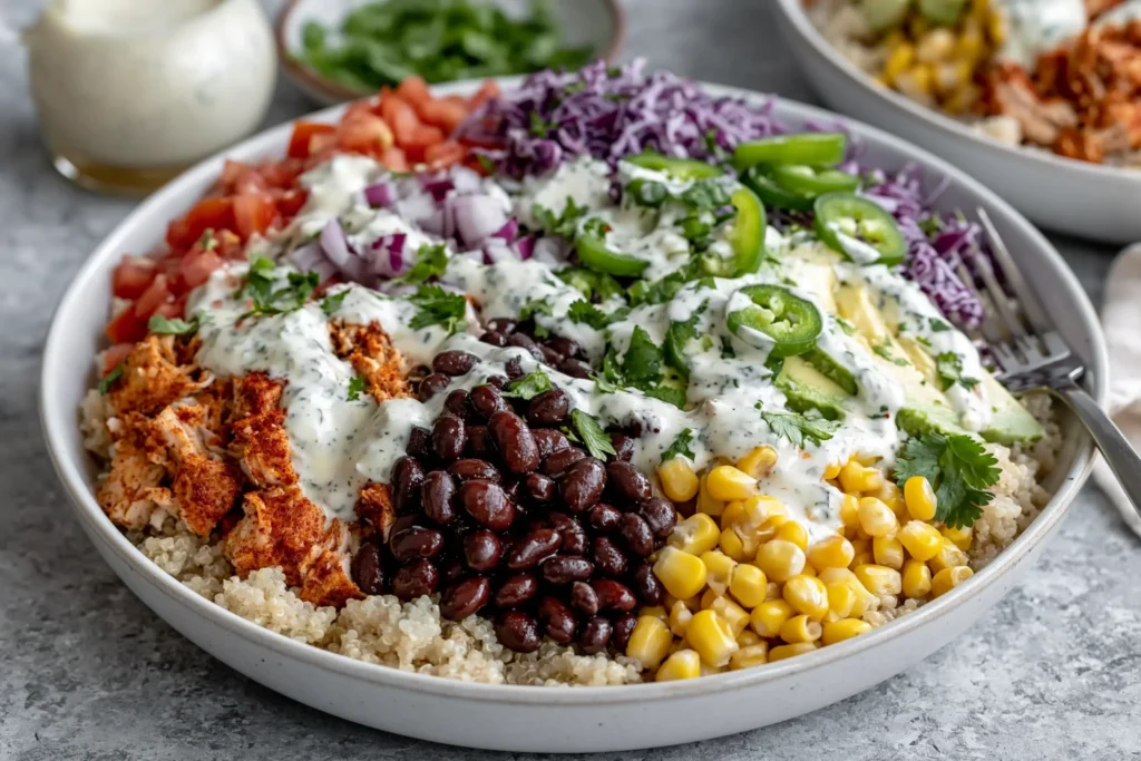 BBQ Ranch Chicken Quinoa Bowls loaded with quinoa, BBQ chicken, black beans, corn, avocado, red cabbage, tomatoes, jalapeños, and creamy ranch dressing