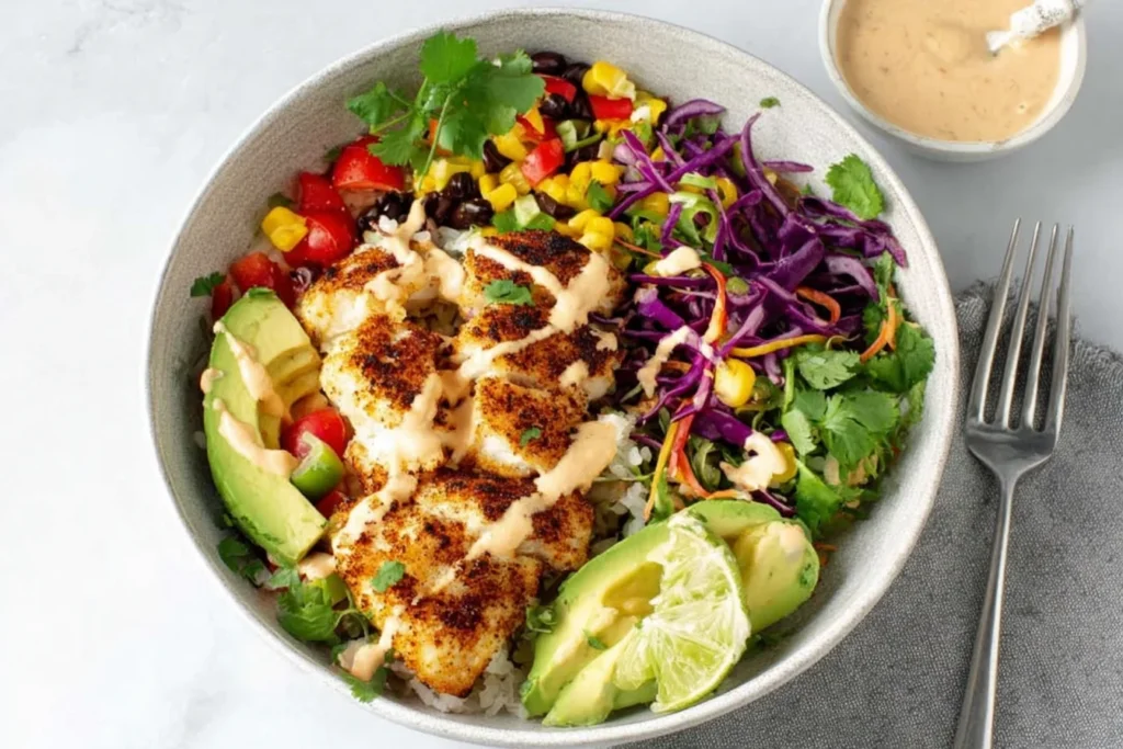 Baja Fish Taco Bowls topped with blackened cod, creamy sauce drizzle, purple cabbage slaw, corn, black beans, avocado, cilantro, and lime.