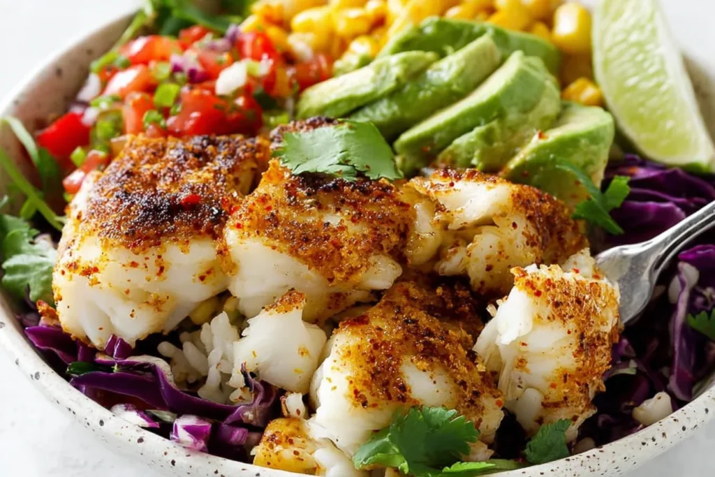 Baja Fish Taco Bowls with seasoned cod, crunchy purple cabbage slaw, avocado slices, corn, pico de gallo, and lime wedge in a bowl.