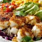 Baja Fish Taco Bowls with seasoned cod, crunchy purple cabbage slaw, avocado slices, corn, pico de gallo, and lime wedge in a bowl.