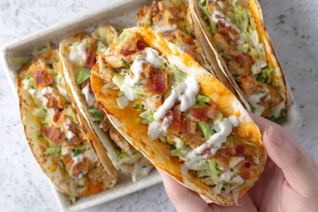 Hand holding Baked Chicken Bacon Ranch Tacos topped with shredded lettuce, crumbled bacon, melted cheese, and a creamy ranch drizzle.