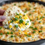 Baked Elote Dip served in a cast-iron skillet with creamy corn, melted cheese, and fresh scallions, scooped onto a tortilla chip for a delicious appetizer.