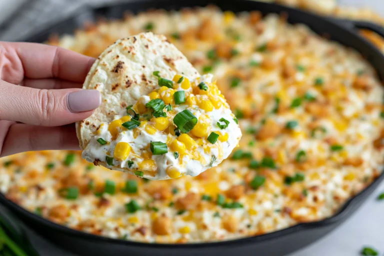 Baked Elote Dip served in a cast-iron skillet with creamy corn, melted cheese, and fresh scallions, scooped onto a tortilla chip for a delicious appetizer.
