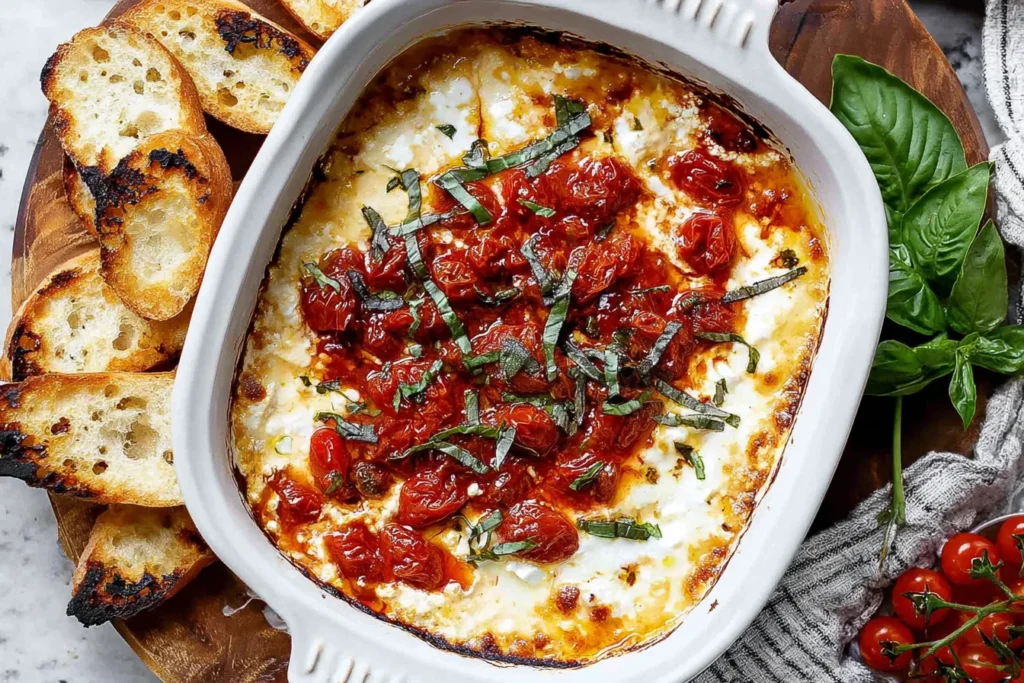 Baked Goat Cheese Bruschetta Dip in a white baking dish, topped with blistered tomatoes, basil, and balsamic glaze, served with toasted baguette.