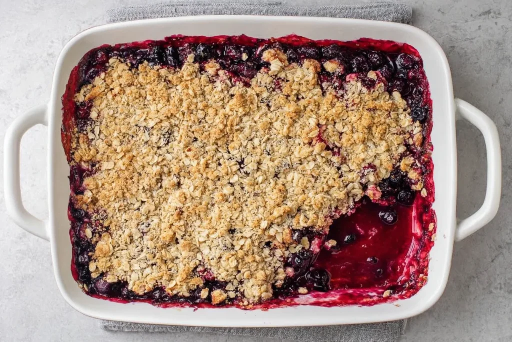 Mixed Berry Crisp baked in a white dish with golden oat streusel and bubbly mixed berry filling, with a scoop missing from the corner.