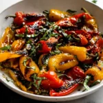 Roasted Mini Peppers with balsamic glaze, garlic, and fresh basil in a white bowl