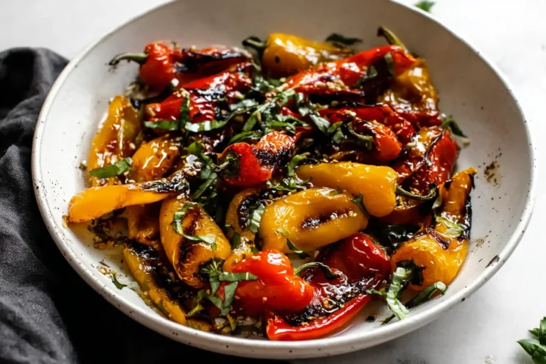 Roasted Mini Peppers with balsamic glaze, garlic, and fresh basil in a white bowl